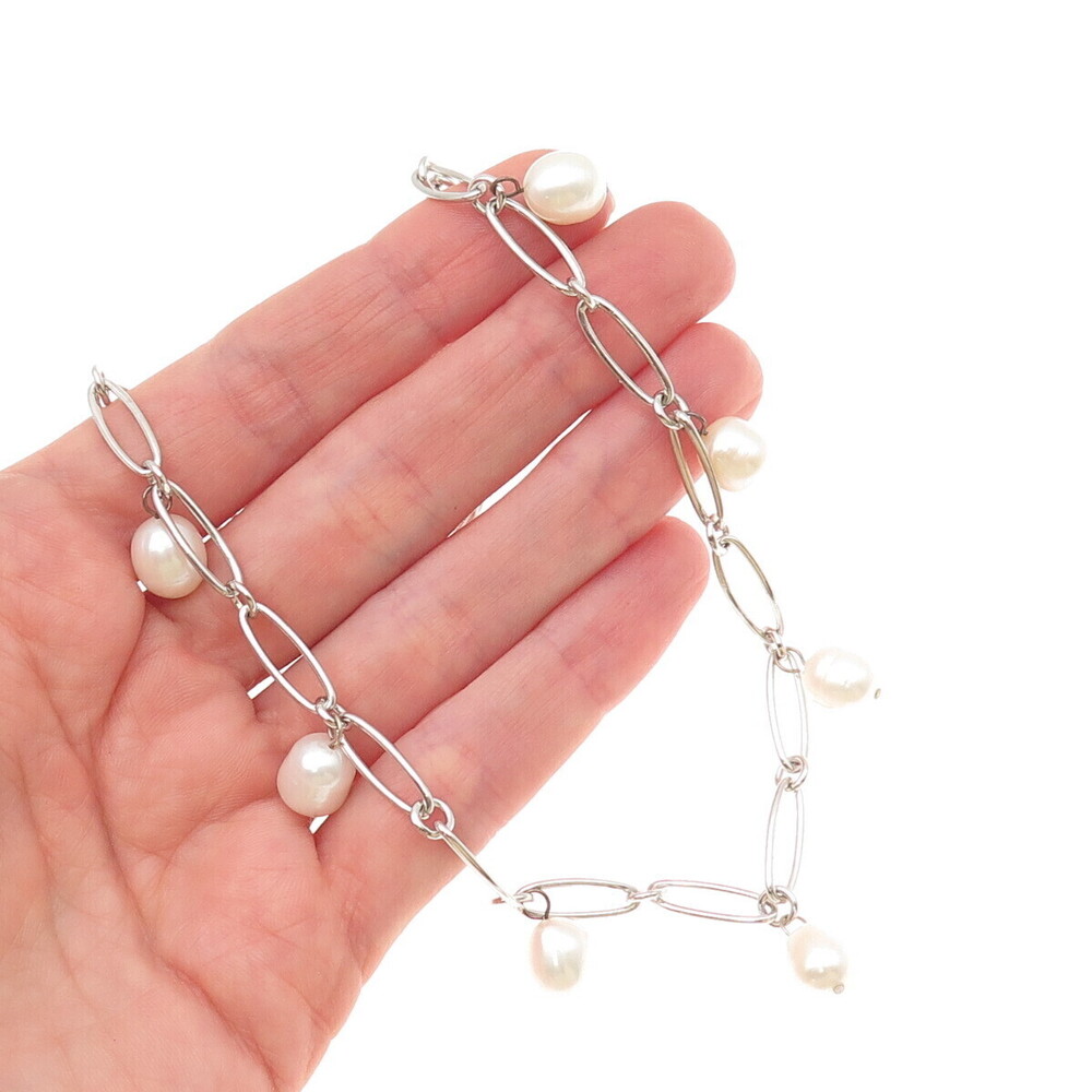 925 Sterling Silver Real Baroque Pearl Oval Chain Necklace 18"